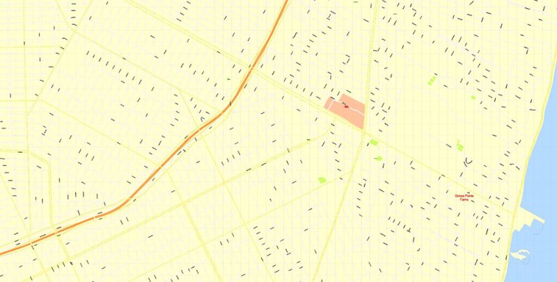 Printable Map Detroit Michigan US, exact vector City Plan Map street G-View Level 17 (100 meters scale 1:3470) full editable, Adobe Illustrator