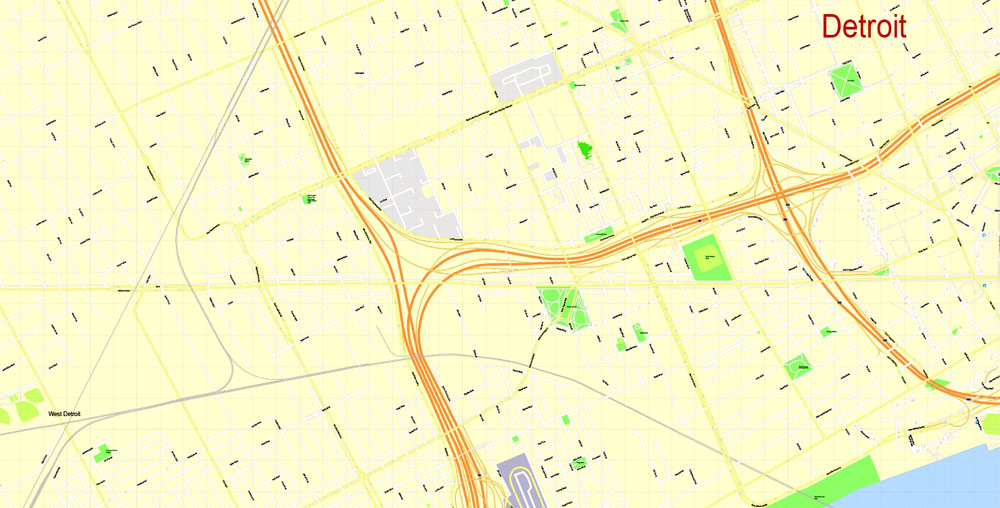 Printable Map Detroit Michigan US, exact vector City Plan Map street G-View Level 17 (100 meters scale 1:3470) full editable, Adobe Illustrator