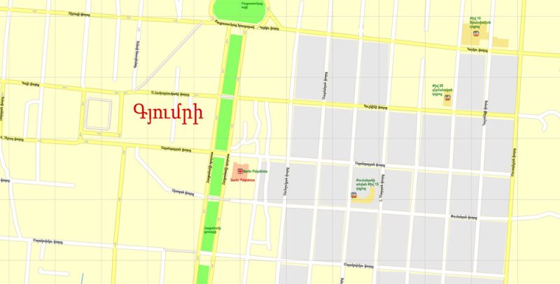Editable DWG+DXF Map Gyumri Armenia, exact vector City Plan Map street Eng+Arm G-View Level 17 (100 meters scale 1:3558) full editable