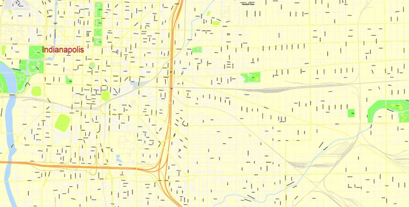 Printable Map Indianapolis US, exact vector City Plan Map street G-View Level 17 (100 meters scale 1:3608) full editable, Adobe Illustrator