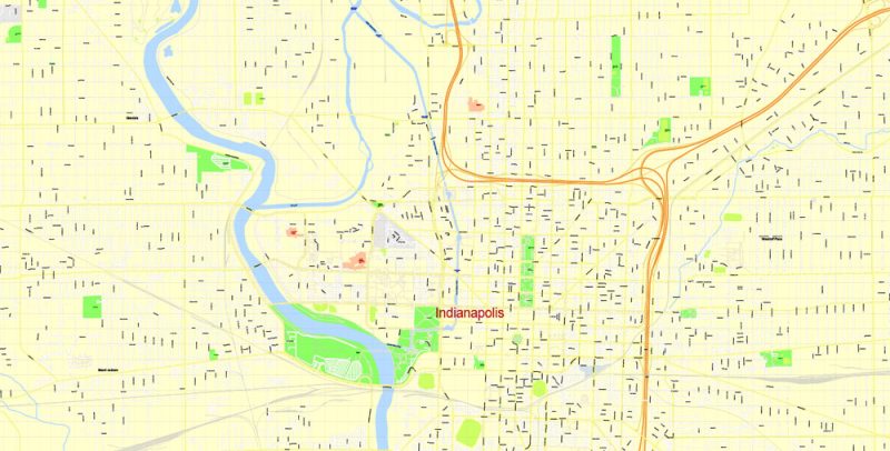Printable Map Indianapolis US, exact vector City Plan Map street G-View Level 17 (100 meters scale 1:3608) full editable, Adobe Illustrator