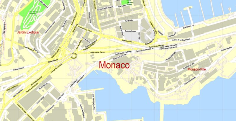 Printable Map Monaco, exact vector City Plan Map street G-View Level 17 (100 meters scale 1:3394) full editable, Adobe Illustrator