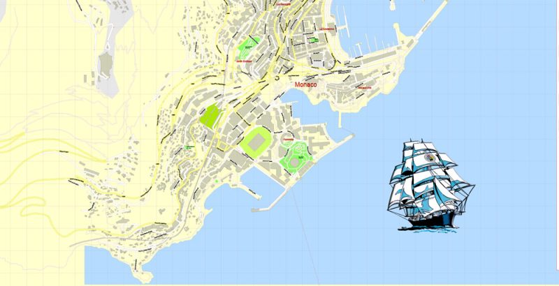 Printable Map Monaco, exact vector City Plan Map street G-View Level 17 (100 meters scale 1:3394) full editable, Adobe Illustrator