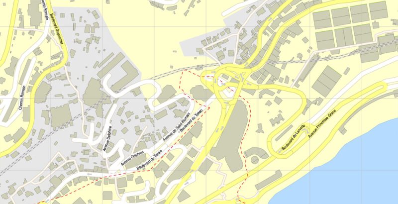 Printable Map Monaco, exact vector City Plan Map street G-View Level 17 (100 meters scale 1:3394) full editable, Adobe Illustrator