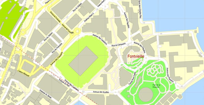 Printable Map Monaco, exact vector City Plan Map street G-View Level 17 (100 meters scale 1:3394) full editable, Adobe Illustrator