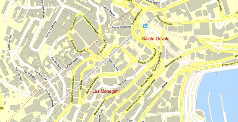 Printable Map Monaco, exact vector City Plan Map street G-View Level 17 (100 meters scale 1:3394) full editable, Adobe Illustrator