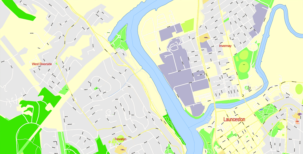 Printable Map North East Tasmania, exact vector City Plan Map street G-View Level 17 (100 meters scale 1:3541) full editable, Adobe Illustrator
