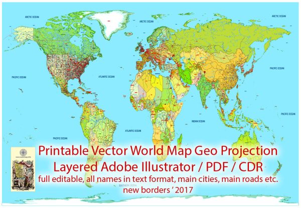 Printable Vector World Map Colored Political updated 2017 with new borders, Main Roads, main Cities, States, all names, fully editable, Adobe Illustrator