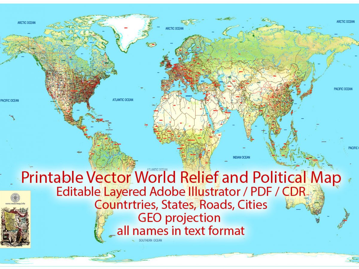 printable vector world relief and political map updated 2017 illustrator