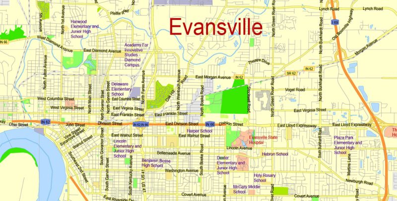 Printable Map area 75 mile radius of Evansville Indiana US, exact vector City Plan Map street G-View Level 13 (2000 meters scale 1:59228) full editable, Adobe Illustrator