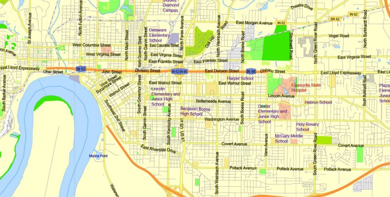 Printable Map area 75 mile radius of Evansville Indiana US, exact vector City Plan Map street G-View Level 13 (2000 meters scale 1:59228) full editable, Adobe Illustrator