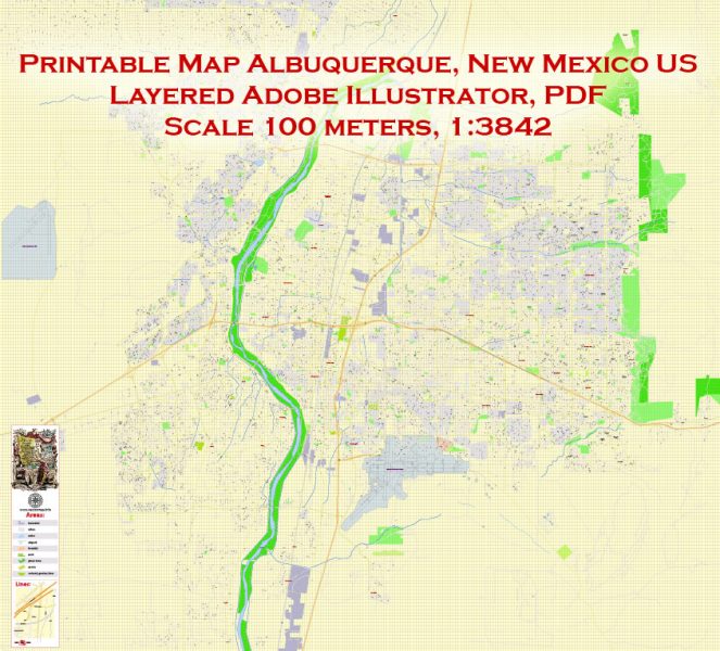 Printable Map Albuquerque, New Mexico US, exact vector City Plan Map street 100 meters scale 1:3842,  full editable, Adobe Illustrator, full vector, scalable, editable text format  street names, 17 mb ZIP