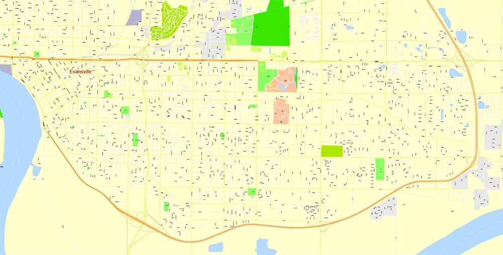 Evansville Printable Map, Indiana US, exact vector City Plan scale 1:3704 editable Street Map Adobe Illustrator