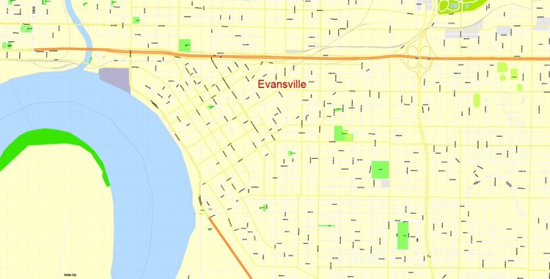 Printable Map Evansville, Indiana US, exact vector City Plan Map street G-View Level 17 (100 meters scale 1:3704) full editable, Adobe Illustrator