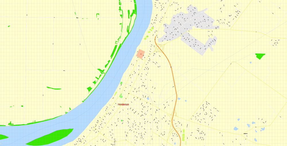 Printable Map Evansville, Indiana US, exact vector City Plan Map street G-View Level 17 (100 meters scale 1:3704) full editable, Adobe Illustrator