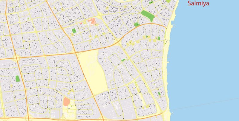 Printable Map Kuwait, exact vector street City Plan 100 meters scale, 1:4096 full editable, Adobe Illustrator scalable, curves format arabian street names, 69 Mb ZIP..