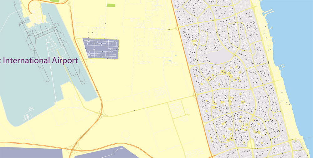 Kuwait Printable PDF Map, exact vector street City Plan 100 meters scale, 1:4096, full editable, Adobe PDF Street Map