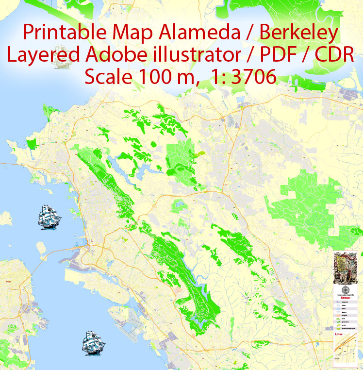 Printable Map Oakland + Berkeley + Richmond + Alameda + San Leandro + Albany, California US, exact vector City Plan Map street 100 meters scale 1:3706,  full editable, Adobe Illustrator