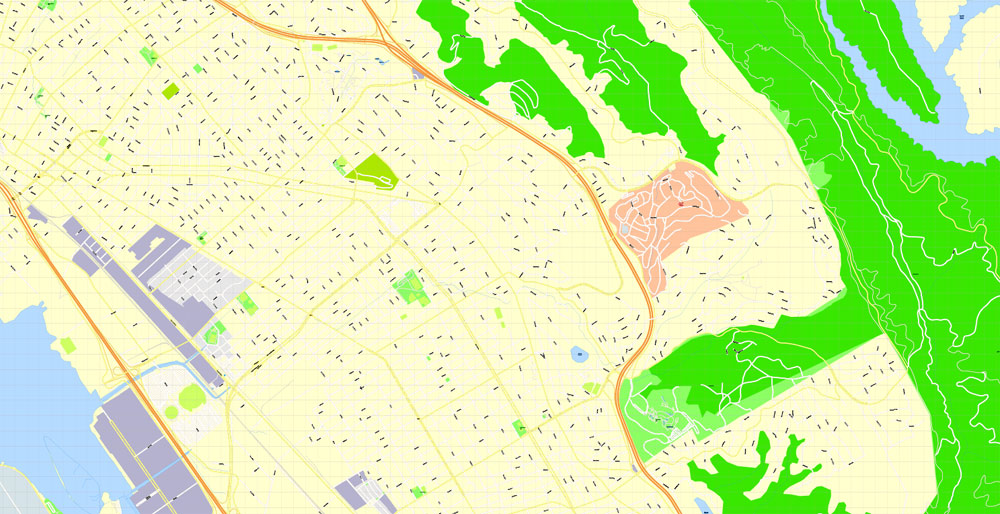 Printable Map Oakland + Berkeley + Richmond + Alameda + San Leandro + Albany, California US, exact vector City Plan Map street 100 meters scale 1:3706,  full editable, Adobe Illustrator