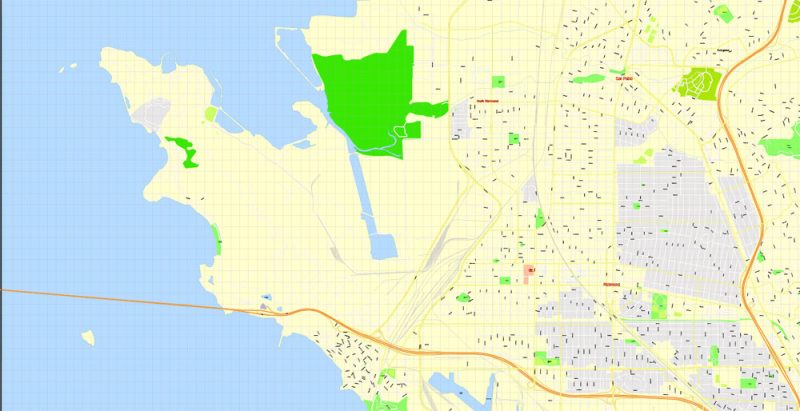 Oakland + Berkeley + Richmond + Alameda + San Leandro + Albany Printable Map, California US, exact vector City Plan editable, Adobe Illustrator Street Map
