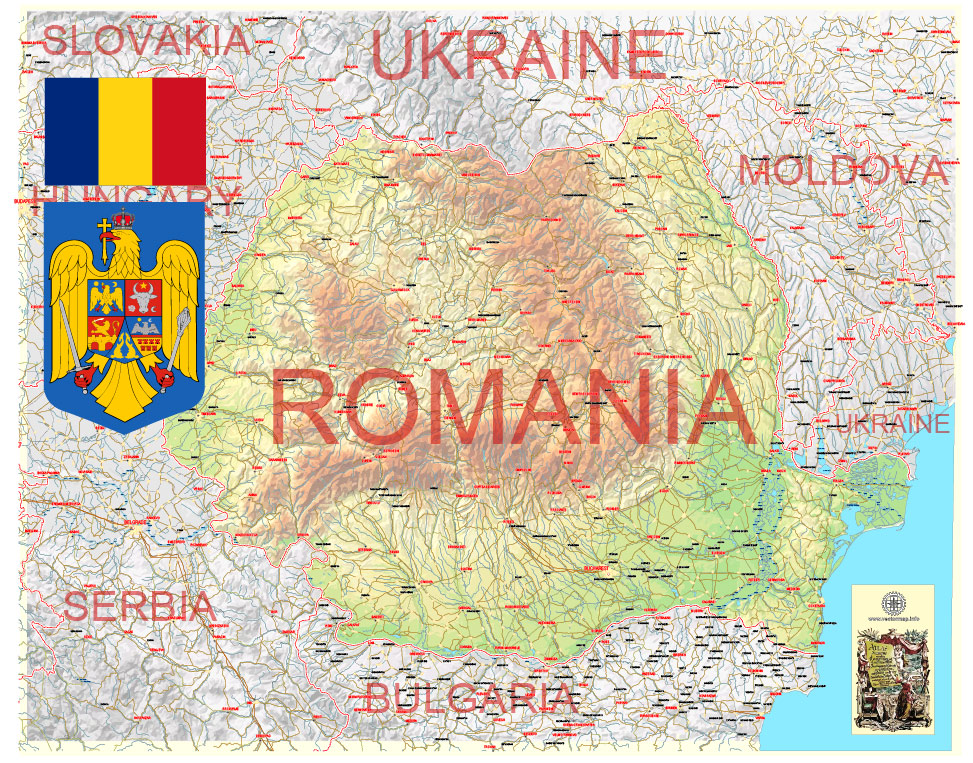 Romania Map Printable Editable Vector Country Topo Road Adobe PDF   Printable Map Romania Relief Roads 00 