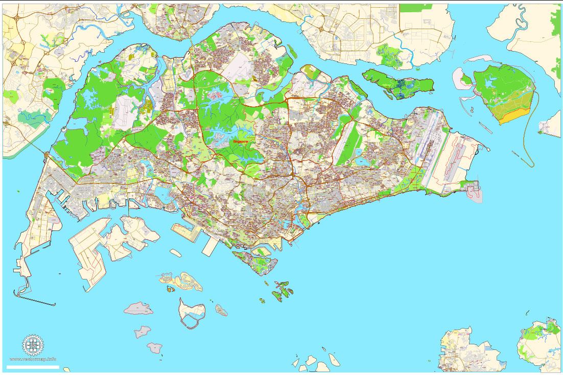 Singapore Printable Map 01 exact City Plan street map with buildings, full editable, Adobe illustrator