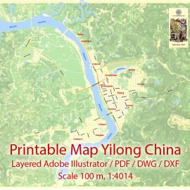 Printable Map Yilong Cnina, exact vector City Plan Map street Level 17 (100 meters scale 1:4686) full editable, Adobe Illustrator, PDF, DWG and DXF in 1 archive