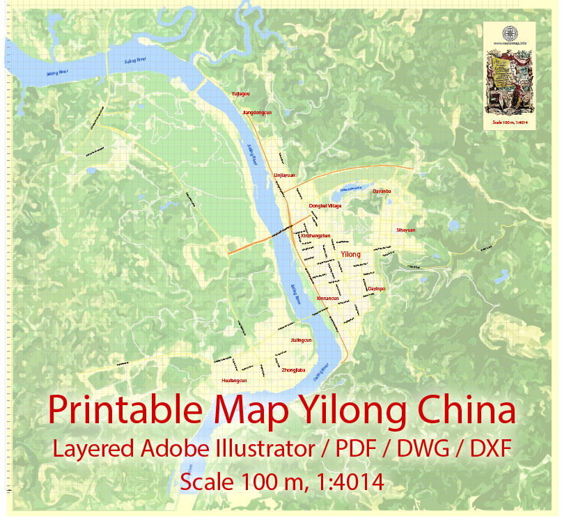 Printable Map Yilong Cnina, exact vector City Plan Map street Level 17 (100 meters scale 1:4686) full editable, Adobe Illustrator, PDF, DWG and DXF in 1 archive