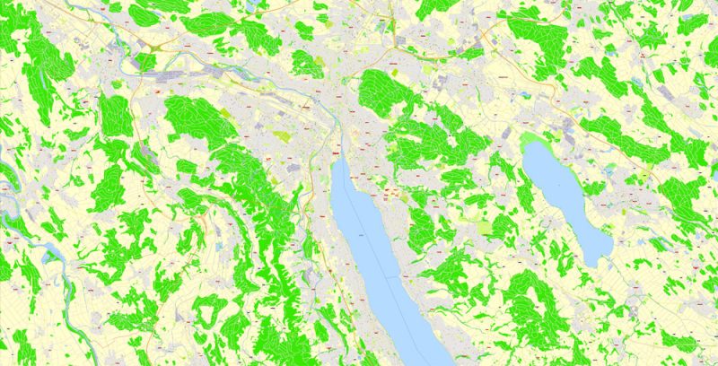 Printable Map Zurich Switzerland, exact vector street G-View Level 17 map (100 meters scale, 1:3170), full editable, Adobe Illustrator