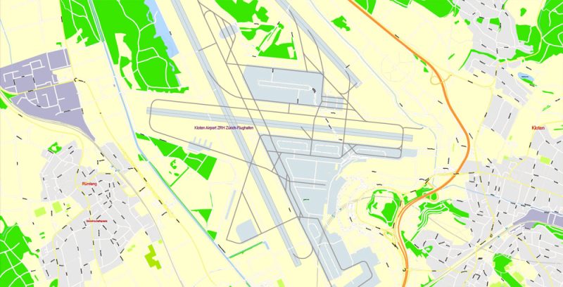 Printable Map Zurich Switzerland, exact vector street G-View Level 17 map (100 meters scale, 1:3170), full editable, Adobe Illustrator