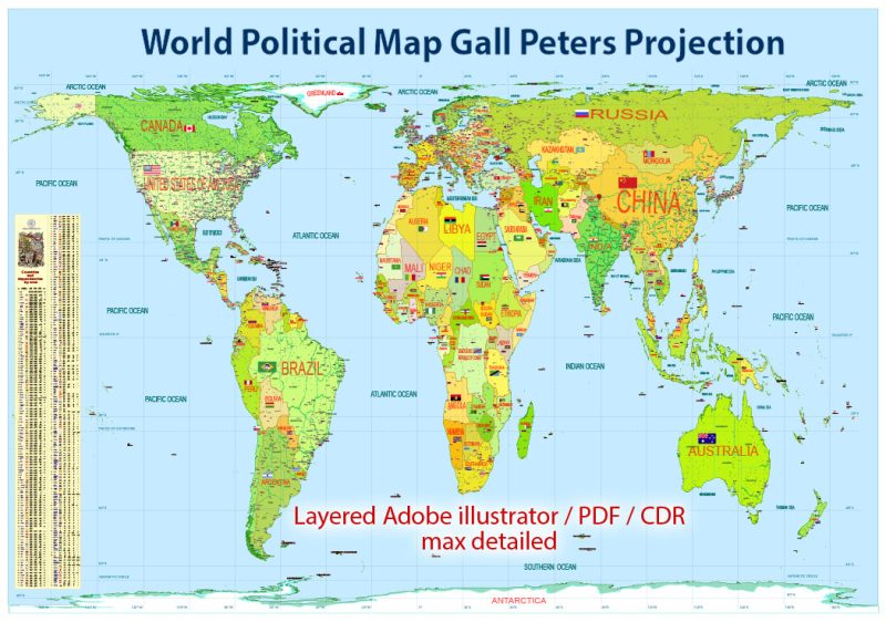 Printable World Political Map 2017, extra detailed in Peters Projection full editable, Adobe Illustrator