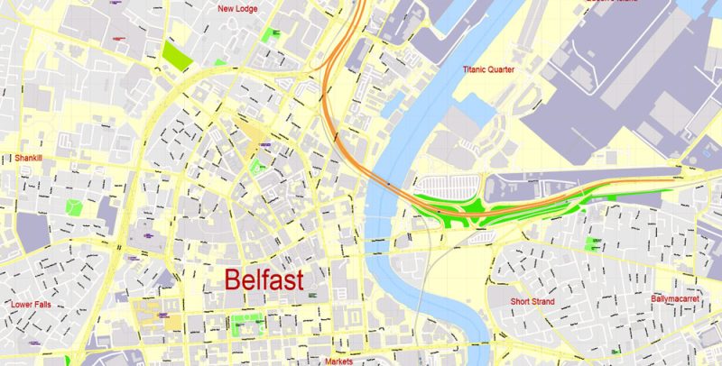 Printable Vector Map Belfast Metropolitan Area, Northern Ireland, exact detailed City Plan with Buildings, 100 meters scale map  1:2721, editable Layered Adobe Illustrator