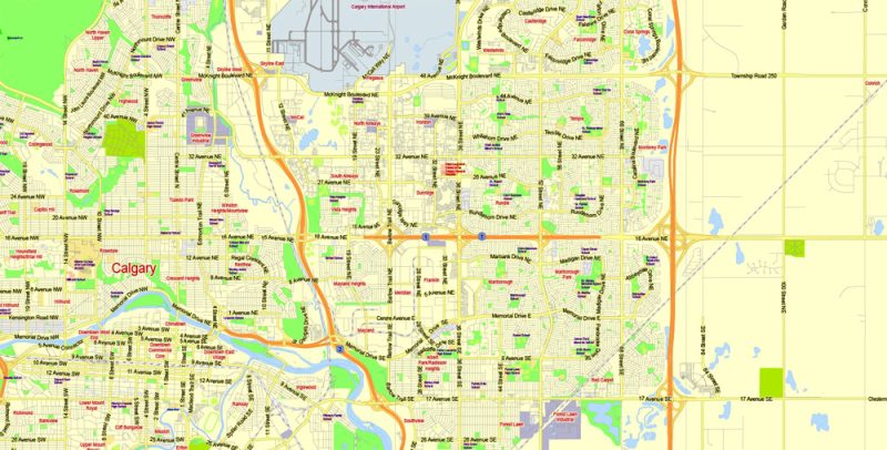 Printable Map Calgary, Canada, exact City Plan 2000 meters scale full editable, Adobe Illustrator, vector, scalable, editable text format  street names, 12 mb ZIP