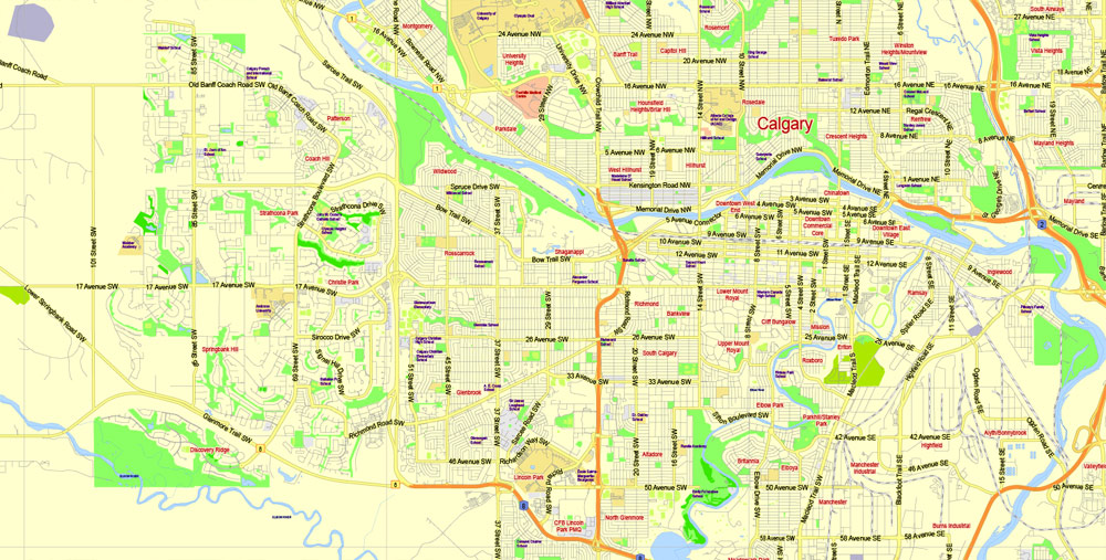 Printable Map Calgary, Canada, exact City Plan 2000 meters scale full editable, Adobe Illustrator, vector, scalable, editable text format  street names, 12 mb ZIP