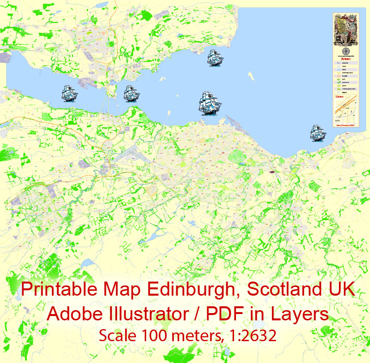 Printable Vector Map Edinburgh Metropolitan Area, Scotland UK, exact detailed City Plan, 100 meters scale map  1:2632, editable Layered Adobe Illustrator, 26 Mb ZIP.