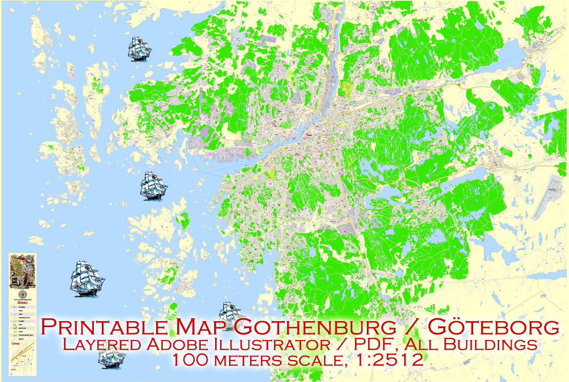 Editable PDF Map Gothenburg Göteborg, Sweden, exact City Plan All Buildings, street G-View Level 17 (100 meters scale) map, fully editable, Adobe PDF, full vector, scalable, editable text format of street names, 60 Mb ZIP.