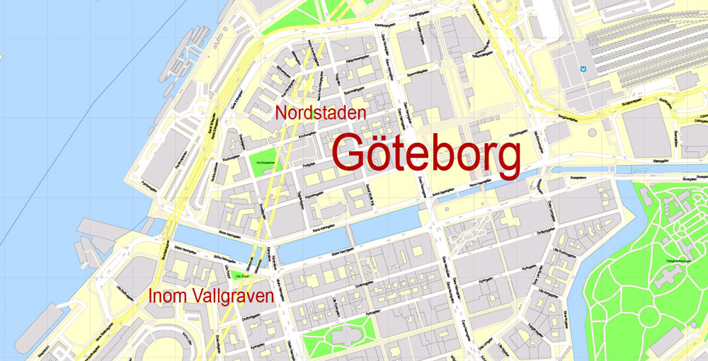 Editable PDF Map Gothenburg Göteborg, Sweden, exact City Plan All Buildings, street G-View Level 17 (100 meters scale) map, fully editable, Adobe PDF, full vector, scalable, editable text format of street names, 60 Mb ZIP.