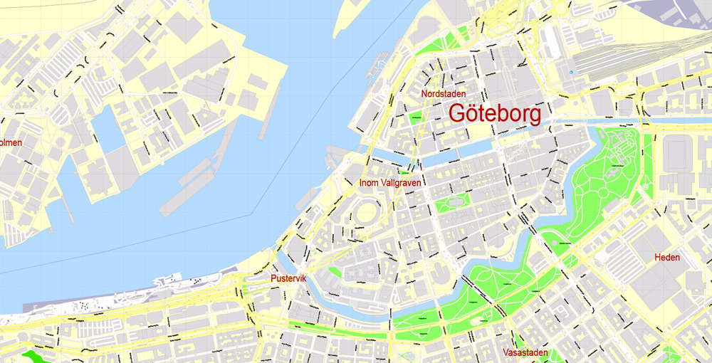 Editable PDF Map Gothenburg Göteborg, Sweden, exact City Plan All Buildings, street G-View Level 17 (100 meters scale) map, fully editable, Adobe PDF, full vector, scalable, editable text format of street names, 60 Mb ZIP.