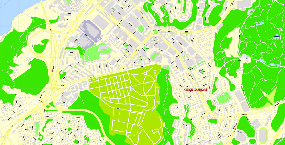 Editable PDF Map Gothenburg Göteborg, Sweden, exact City Plan All Buildings, street G-View Level 17 (100 meters scale) map, fully editable, Adobe PDF, full vector, scalable, editable text format of street names, 60 Mb ZIP.