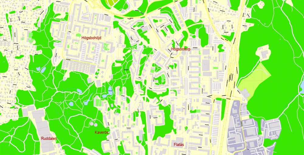 Editable PDF Map Gothenburg Göteborg, Sweden, exact City Plan All Buildings, street G-View Level 17 (100 meters scale) map, fully editable, Adobe PDF, full vector, scalable, editable text format of street names, 60 Mb ZIP.