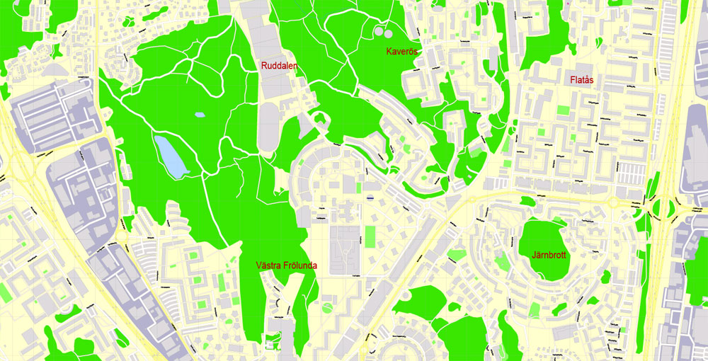 Editable PDF Map Gothenburg Göteborg, Sweden, exact City Plan All Buildings, street G-View Level 17 (100 meters scale) map, fully editable, Adobe PDF, full vector, scalable, editable text format of street names, 60 Mb ZIP.