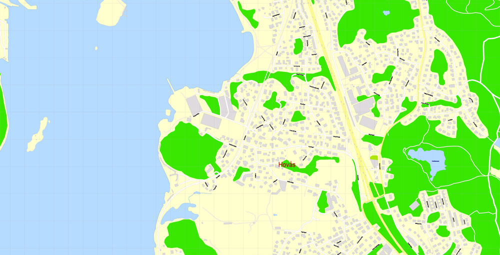 Editable PDF Map Gothenburg Göteborg, Sweden, exact City Plan All Buildings, street G-View Level 17 (100 meters scale) map, fully editable, Adobe PDF, full vector, scalable, editable text format of street names, 60 Mb ZIP.