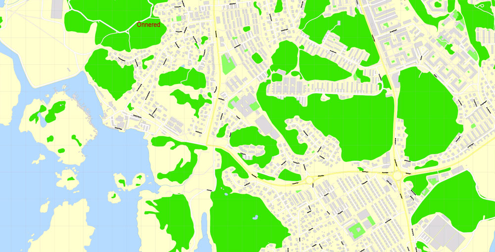 Editable PDF Map Gothenburg Göteborg, Sweden, exact City Plan All Buildings, street G-View Level 17 (100 meters scale) map, fully editable, Adobe PDF, full vector, scalable, editable text format of street names, 60 Mb ZIP.