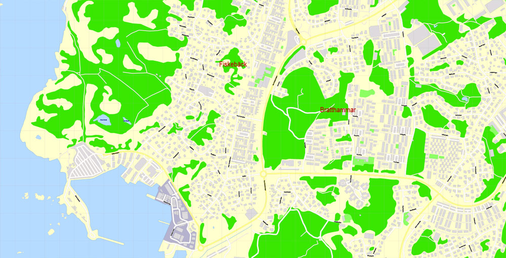 Editable PDF Map Gothenburg Göteborg, Sweden, exact City Plan All Buildings, street G-View Level 17 (100 meters scale) map, fully editable, Adobe PDF, full vector, scalable, editable text format of street names, 60 Mb ZIP.