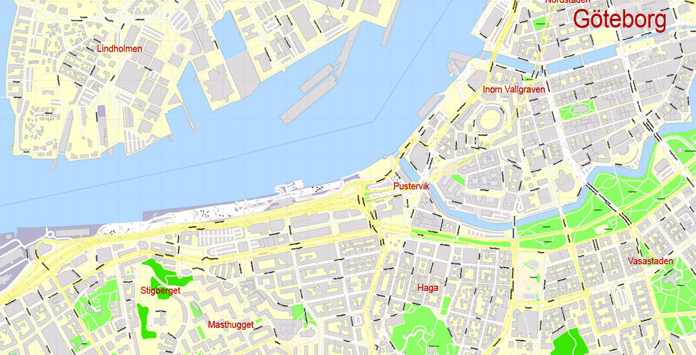 Editable PDF Map Gothenburg Göteborg, Sweden, exact City Plan All Buildings, street G-View Level 17 (100 meters scale) map, fully editable, Adobe PDF, full vector, scalable, editable text format of street names, 60 Mb ZIP.