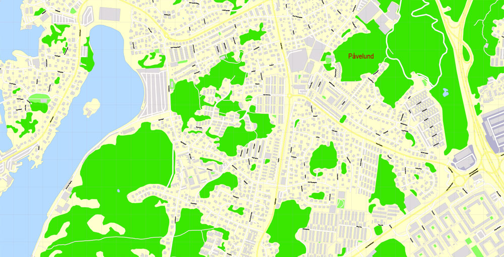 Editable PDF Map Gothenburg Göteborg, Sweden, exact City Plan All Buildings, street G-View Level 17 (100 meters scale) map, fully editable, Adobe PDF, full vector, scalable, editable text format of street names, 60 Mb ZIP.