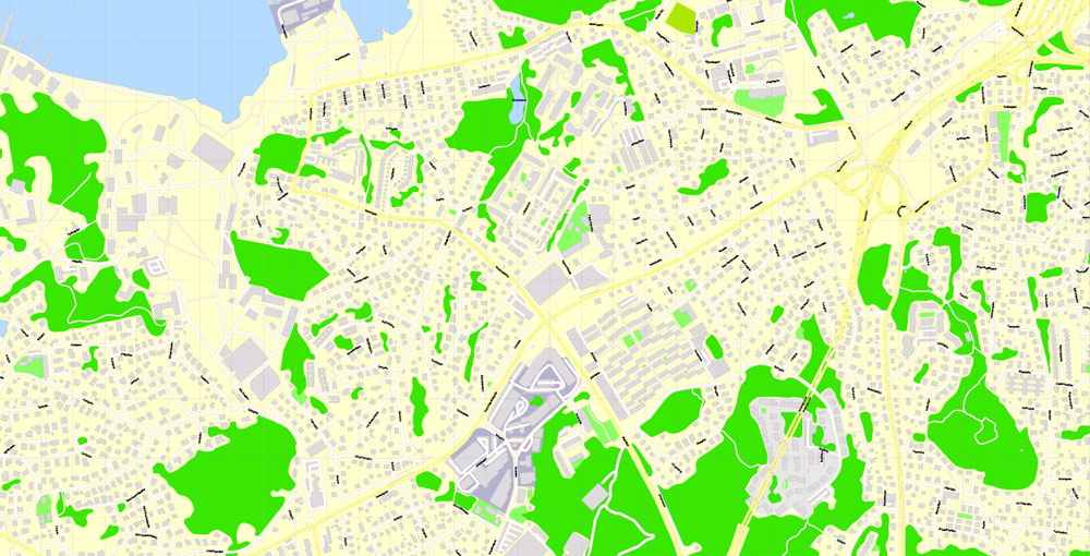 Editable PDF Map Gothenburg Göteborg, Sweden, exact City Plan All Buildings, street G-View Level 17 (100 meters scale) map, fully editable, Adobe PDF, full vector, scalable, editable text format of street names, 60 Mb ZIP.