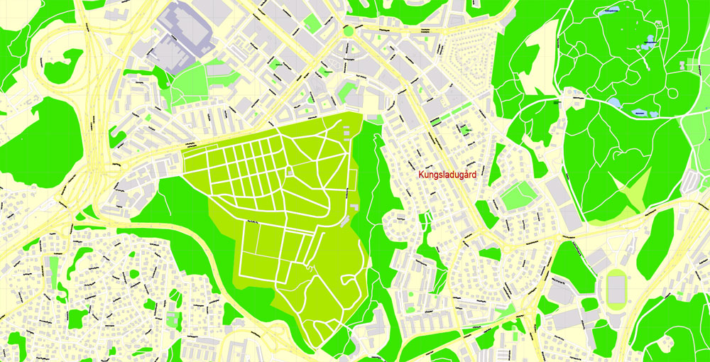 Editable PDF Map Gothenburg Göteborg, Sweden, exact City Plan All Buildings, street G-View Level 17 (100 meters scale) map, fully editable, Adobe PDF, full vector, scalable, editable text format of street names, 60 Mb ZIP.