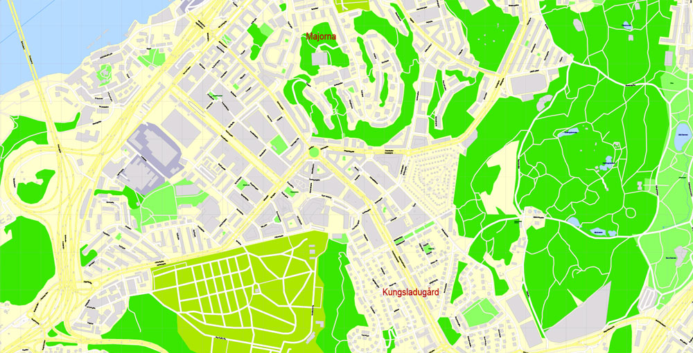 Editable PDF Map Gothenburg Göteborg, Sweden, exact City Plan All Buildings, street G-View Level 17 (100 meters scale) map, fully editable, Adobe PDF, full vector, scalable, editable text format of street names, 60 Mb ZIP.