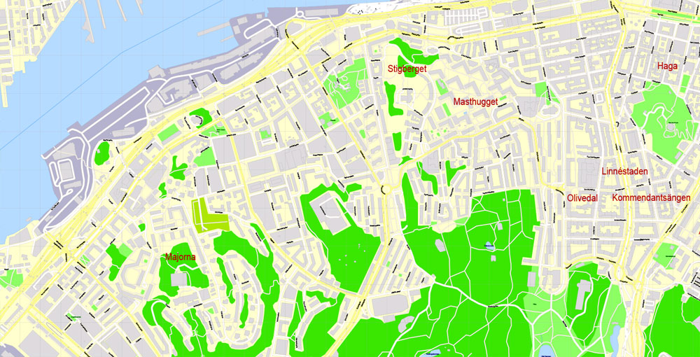 Editable PDF Map Gothenburg Göteborg, Sweden, exact City Plan All Buildings, street G-View Level 17 (100 meters scale) map, fully editable, Adobe PDF, full vector, scalable, editable text format of street names, 60 Mb ZIP.